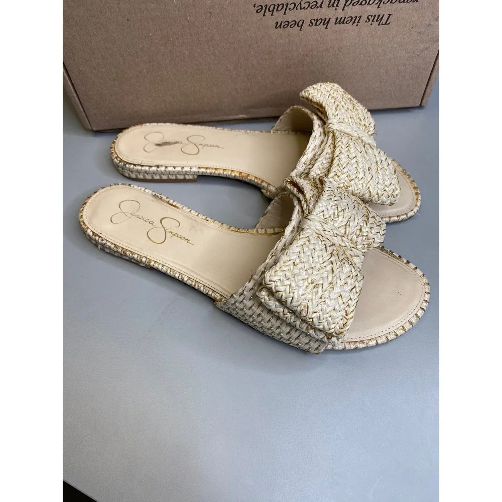 Jessica Simpson Womens Gold Cream Woven Raffia Bow Slide Sandals Size 10M 42